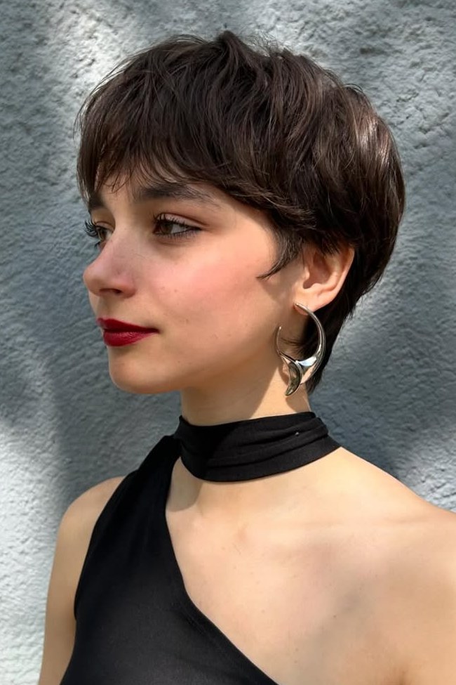 Sculpted Dark Brown Pixie Profile Sculpted Dark Brown Pixie Profile — Pixie 2027 with Bangs
