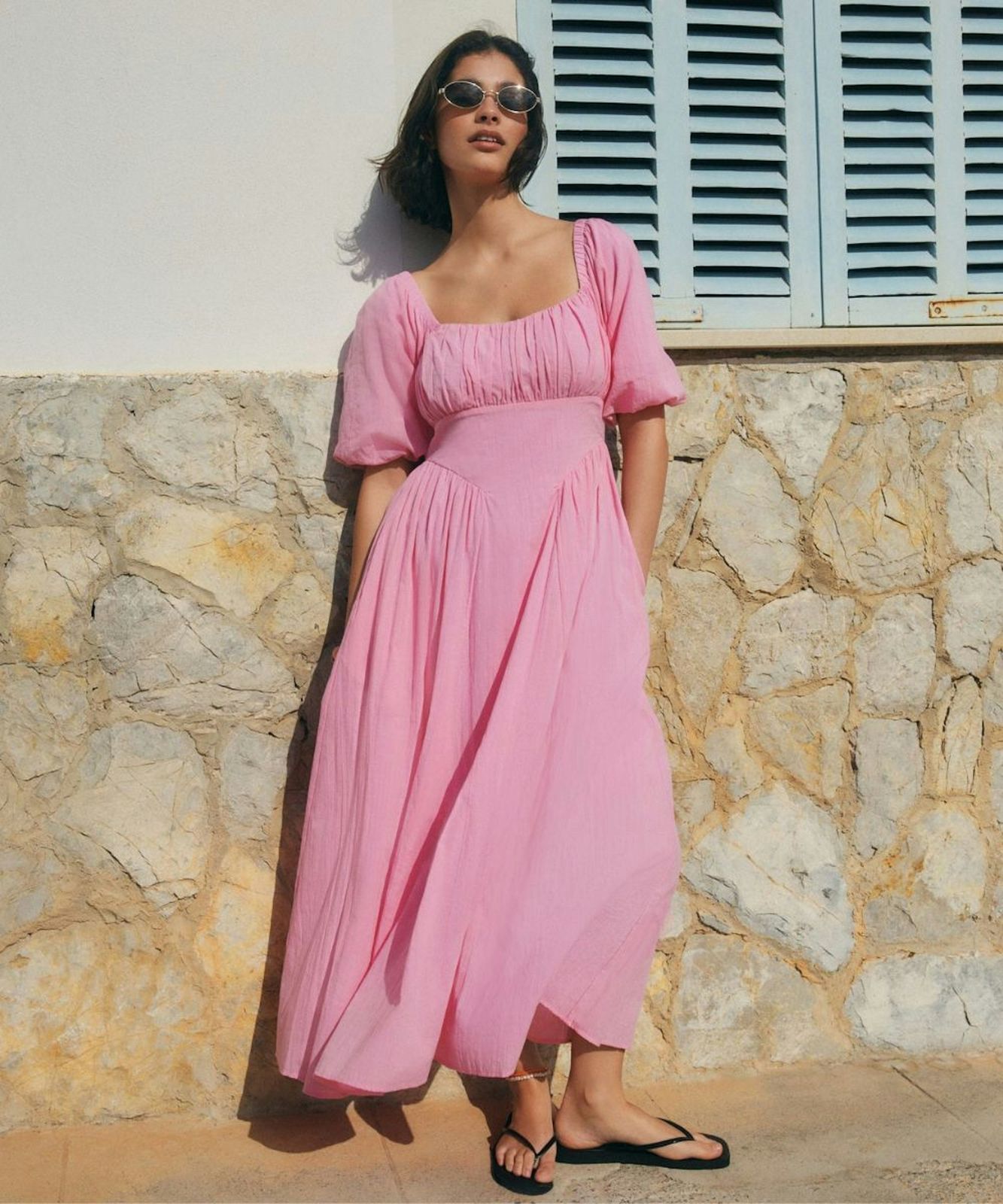 Pink Puff Sleeve Midi Dress with Gathered Bodice Pink Puff Sleeve Midi Dress with Gathered Bodice — Midi Dresses 2027 for Nursing Moms