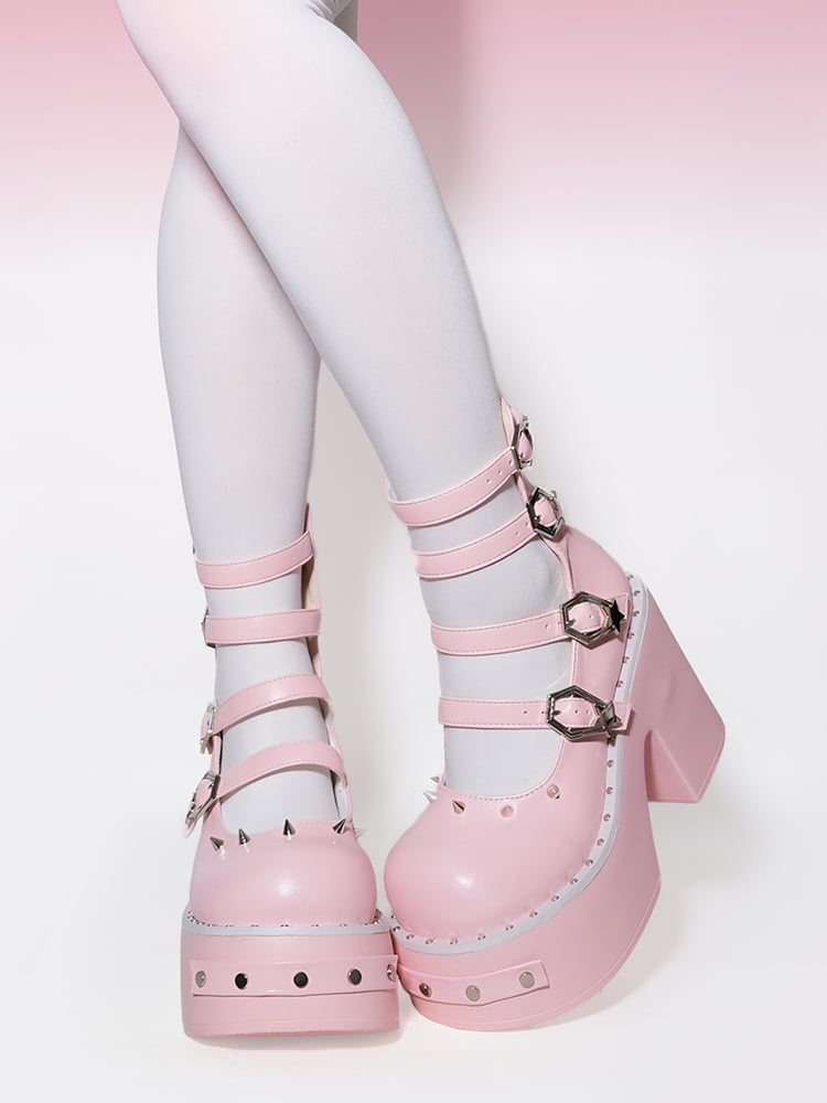 Alternative Edge: Spiked Pink Platforms with White Tights Alternative Edge: Spiked Pink Platforms with White Tights — Platform Heels Outfits 2027