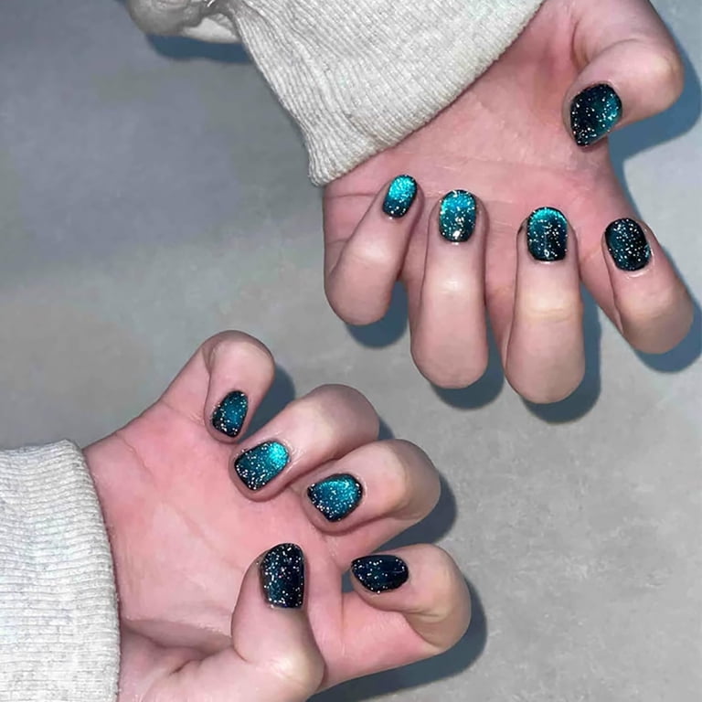 Indigo Blue Cat Eye Glossy Square Nails Indigo Blue Cat Eye Glossy Square Nails — Short Press On Nails 2027