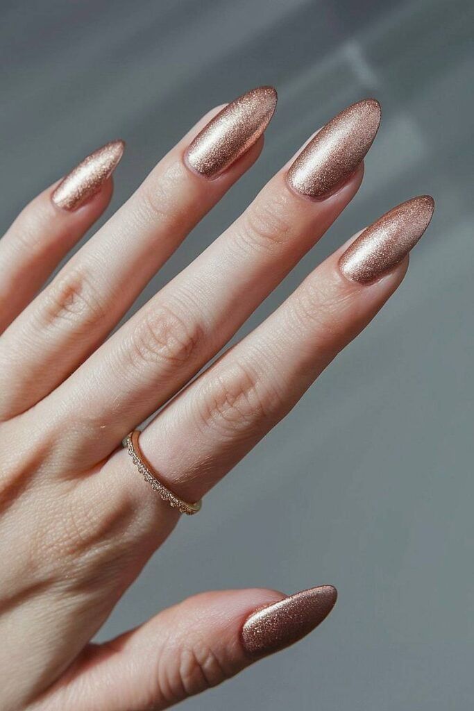 Shimmering Rose Gold Medium Almond Nails — Nails 2027 for Gold Dress