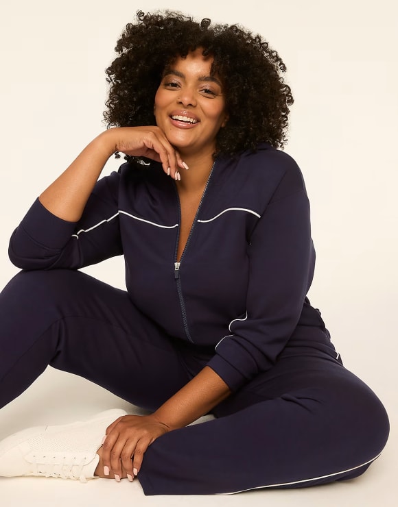 Sporty Chic: Navy Tracksuit with White Sneakers Sporty Chic: Navy Tracksuit with White Sneakers — Mom Outfits 2027