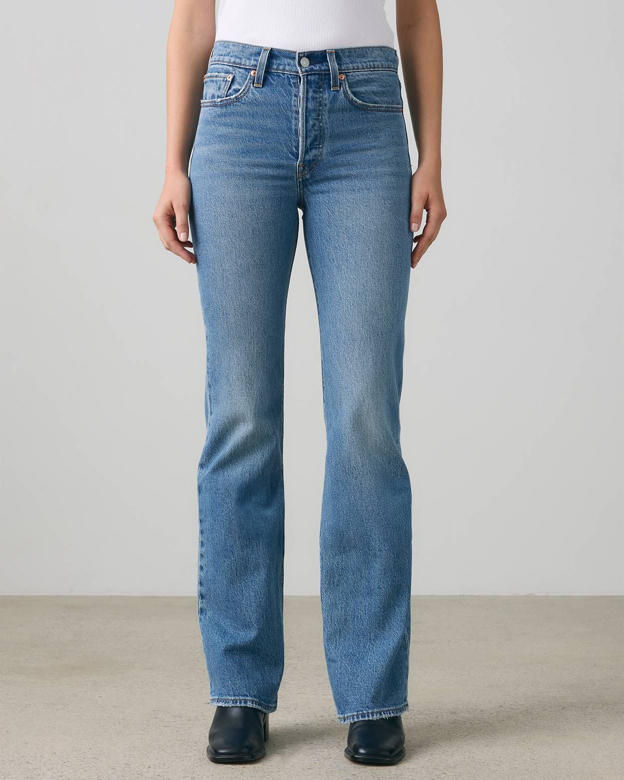 Classic Five-Pocket Blue Bootcut Jeans with Black Ankle Boots Classic Five-Pocket Blue Bootcut Jeans with Black Ankle Boots — Blue Bootcut Jeans Outfits 2027