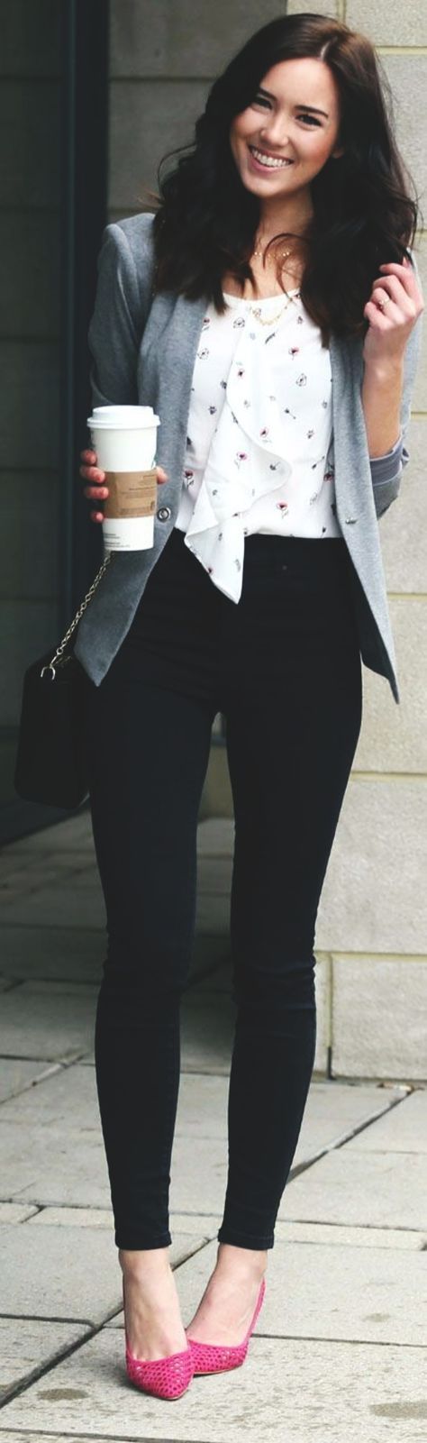 Grey Blazer, Ruffled Blouse, and Pink Heels for a Pop of Color — First Day of Work Outfits 2027