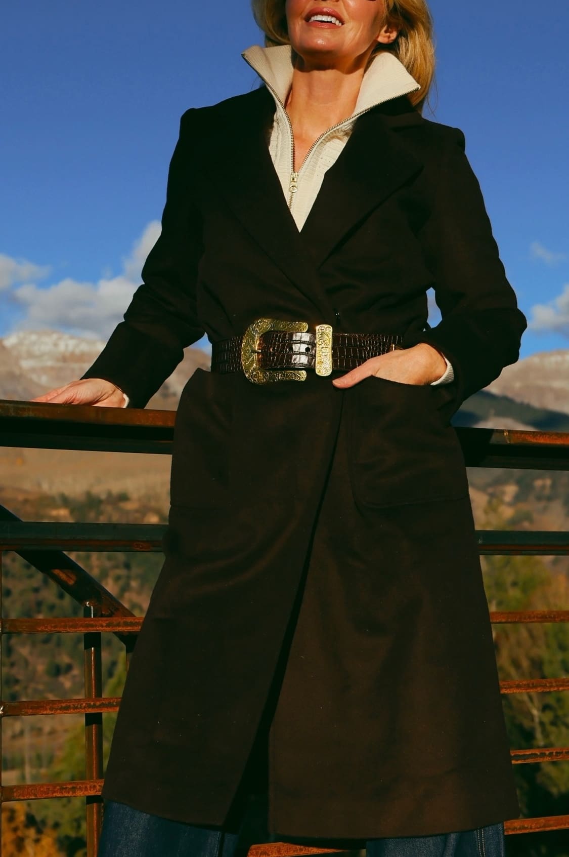 Long Coat and Vest Layered Over Jeans with an Ornate Western Belt Long Coat and Vest Layered Over Jeans with an Ornate Western Belt — Western Belt Outfits 2027