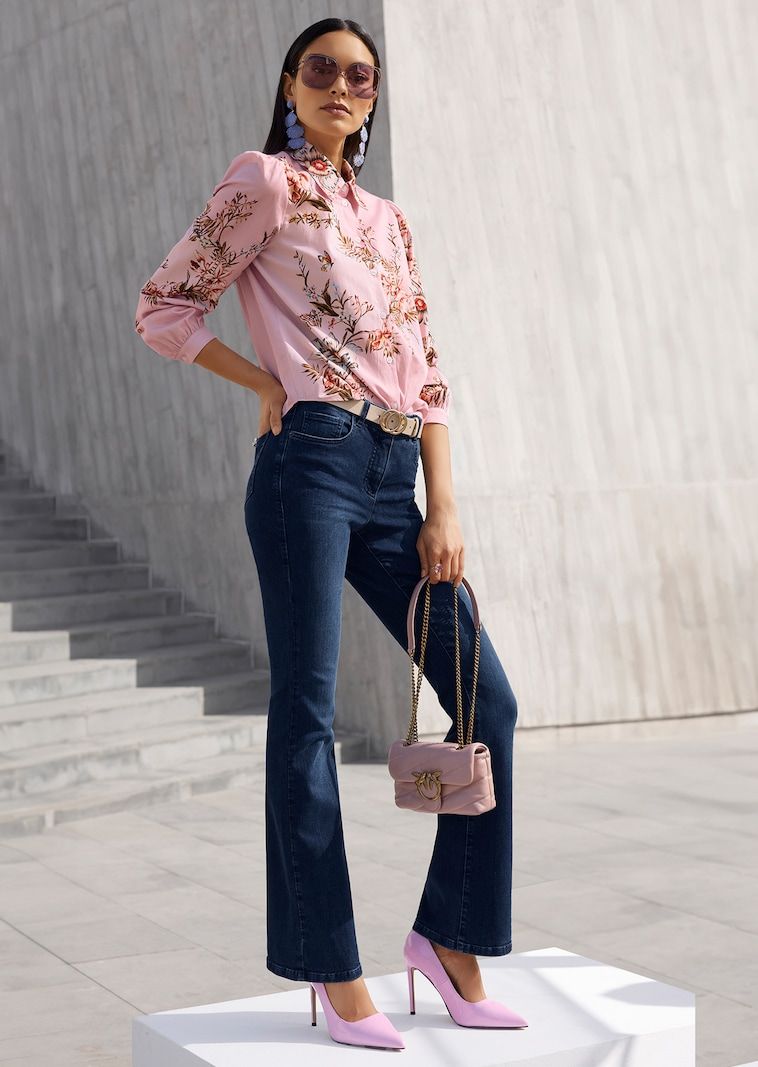 Vibrant Pink Floral Blouse with Dark Wash Bootcut Jeans Vibrant Pink Floral Blouse with Dark Wash Bootcut Jeans — Bootcut Jeans Outfits 2027 with Heels