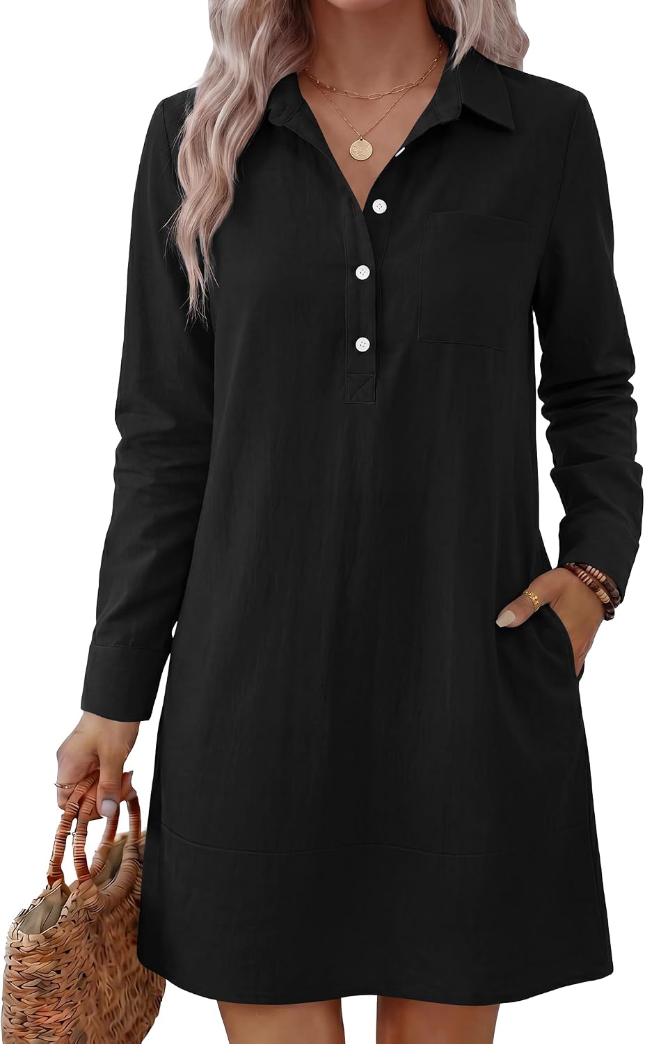 Casual Black Cotton Shift Button-Up Dress with Pockets Casual Black Cotton Shift Button-Up Dress with Pockets — Button Up Dress 2027