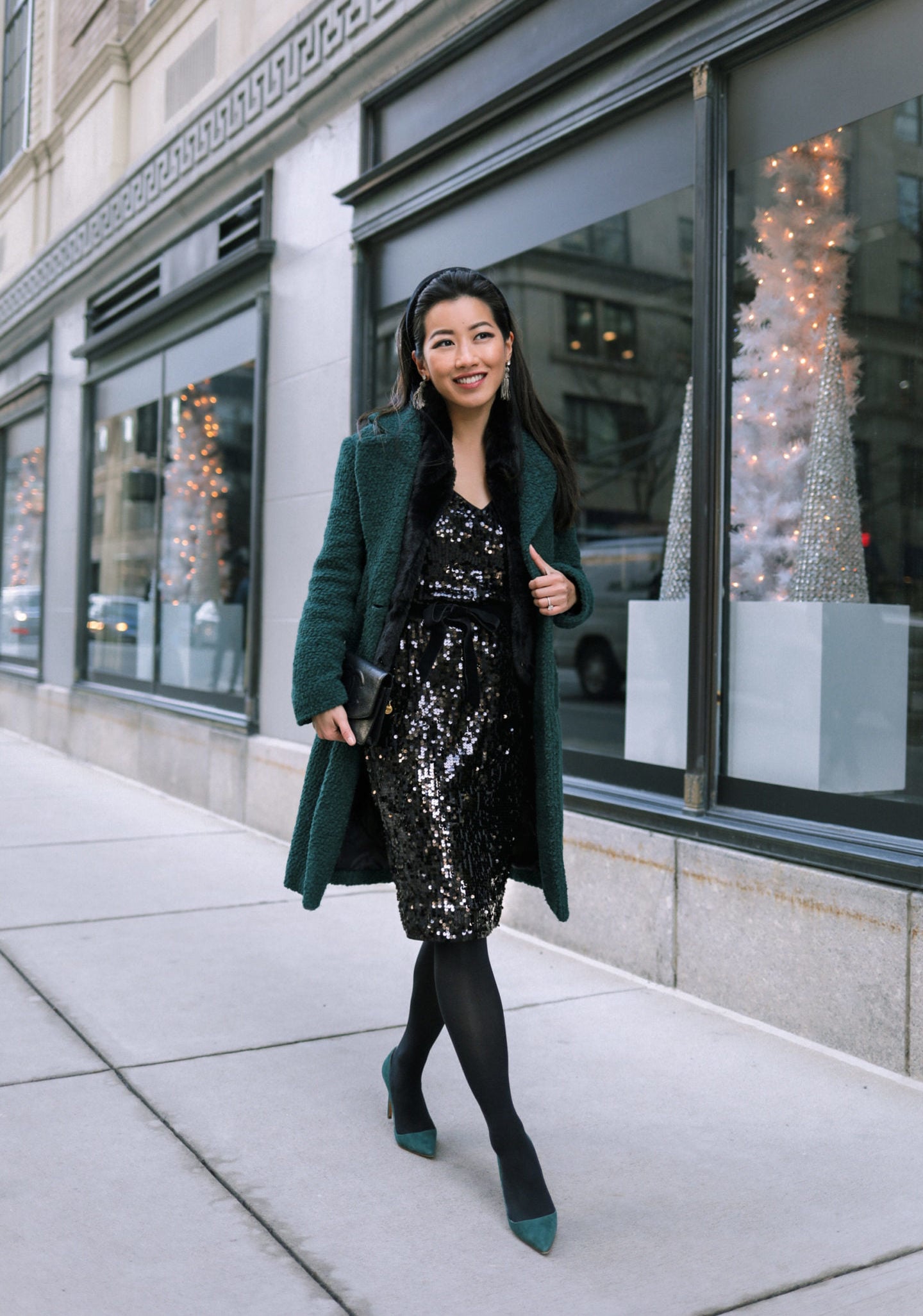 Layered Black Sequin Sheath Dress with Textured Coat — Sequin Dress New Years 2027