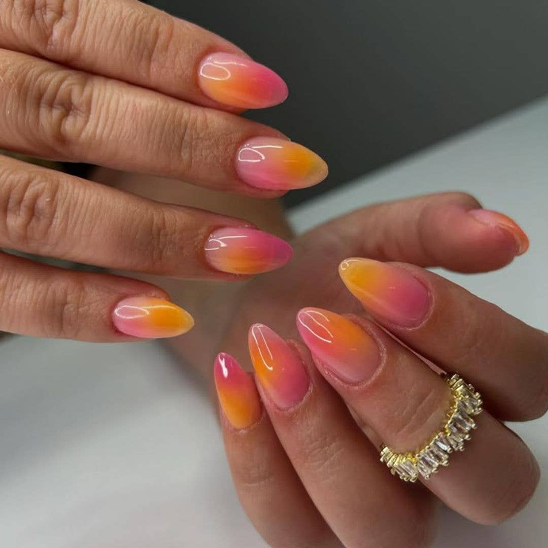Glossy Orange to Pink Sunset Gradient Glossy Orange to Pink Sunset Gradient — Pink and Orange Sunset Nails 2027
