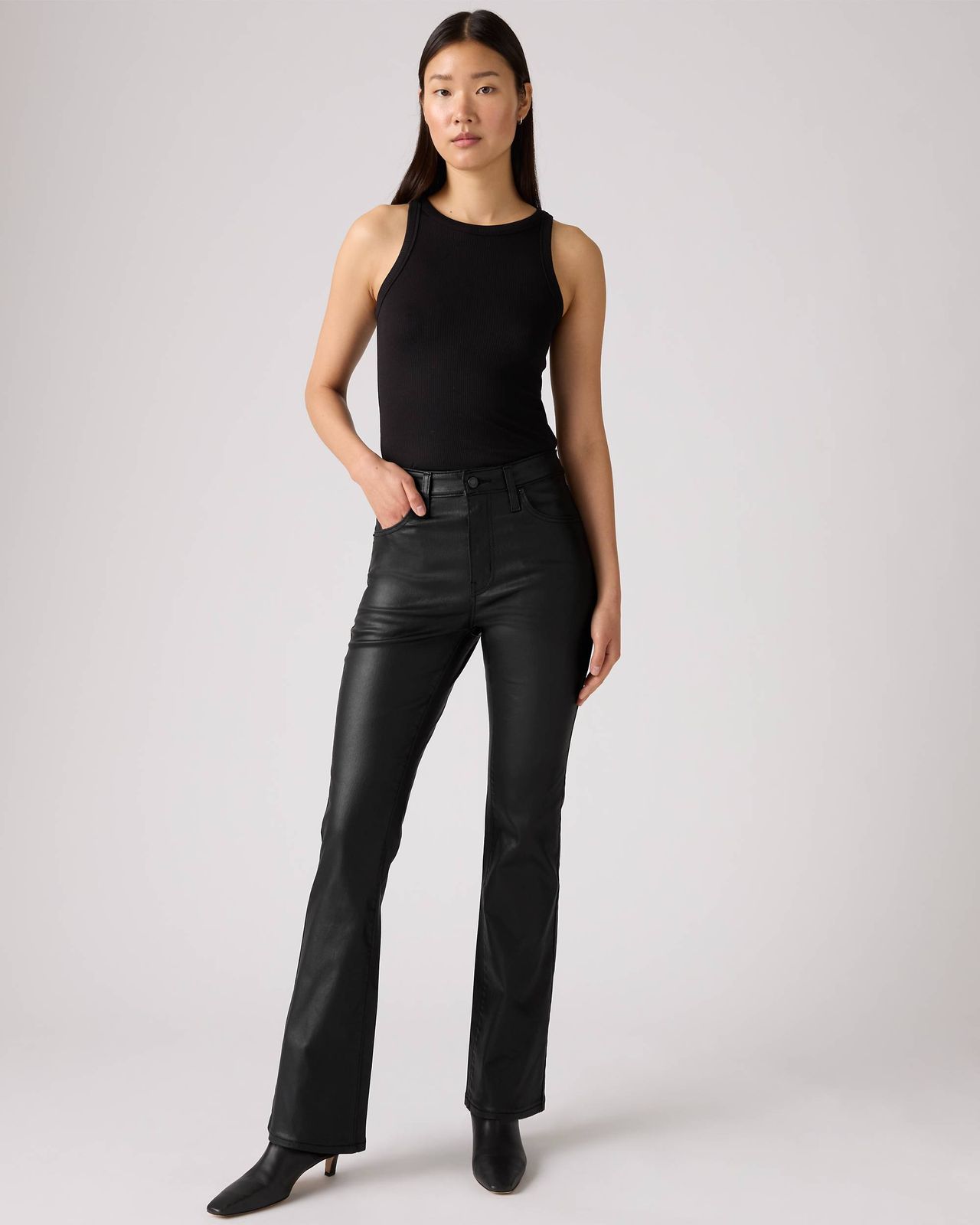 Black Faux Leather Bootcut Jeans with Ribbed Tank and Heels — Black Bootcut Jeans Outfits 2027