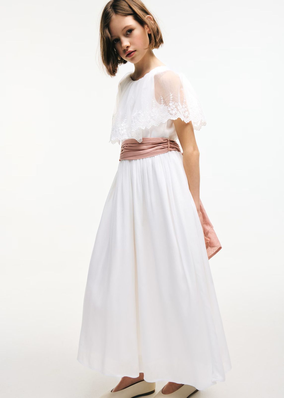 White A-line with Lace Trim Overlay and Pink Sash White A-line with Lace Trim Overlay and Pink Sash — Junior Bridesmaid Dress 2027