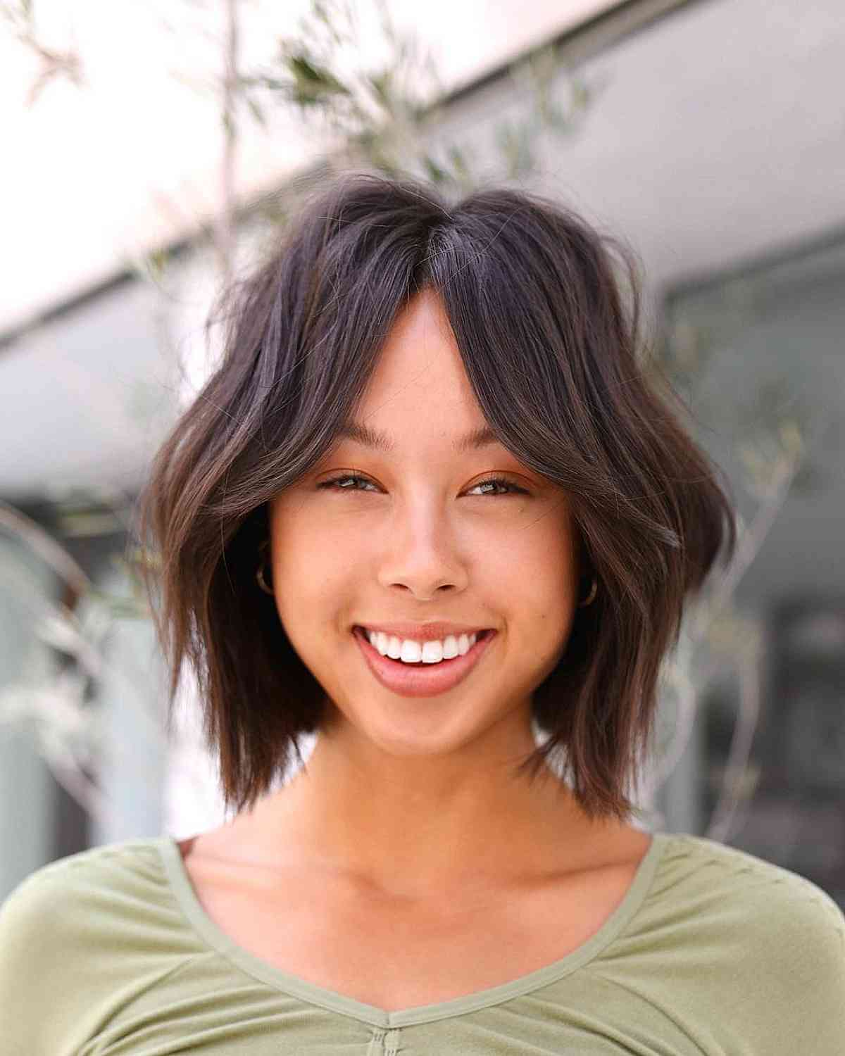 Dark Brown Bob Shag With Curtain Bangs Dark Brown Bob Shag With Curtain Bangs — Short Shag 2027