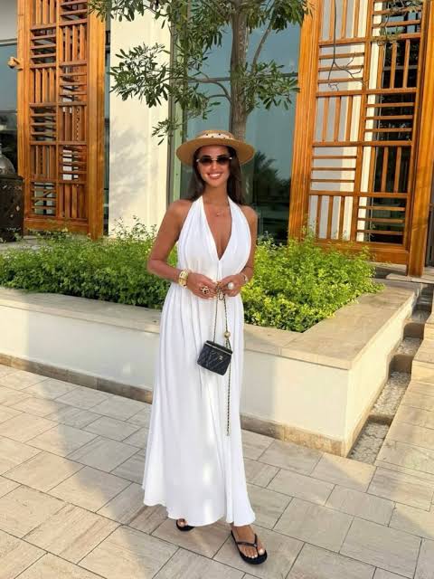 Elegant White Halter Maxi Dress for Vacation Evenings — Cancun Outfits 2027