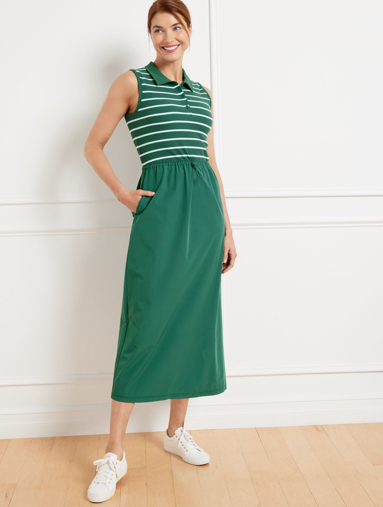 Sleeveless Green and White Striped Polo Dress with Drawstring Waist Sleeveless Green and White Striped Polo Dress with Drawstring Waist — Polo Dress 2027