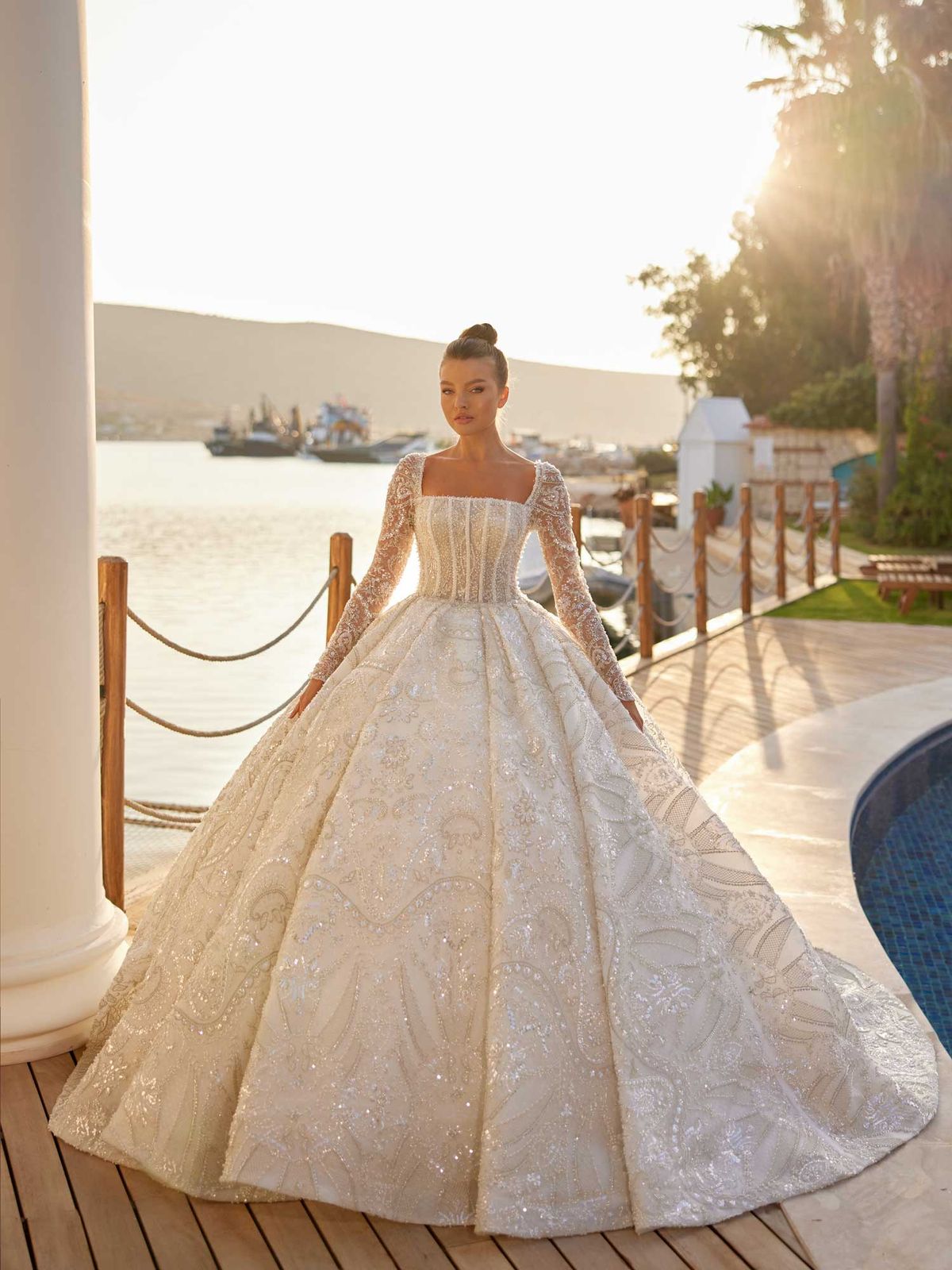 Ivory Ballgown Wedding Dress with Square Neckline and Embellished Long Sleeves Ivory Ballgown Wedding Dress with Square Neckline and Embellished Long Sleeves — Square Neck Wedding Dresses 2027