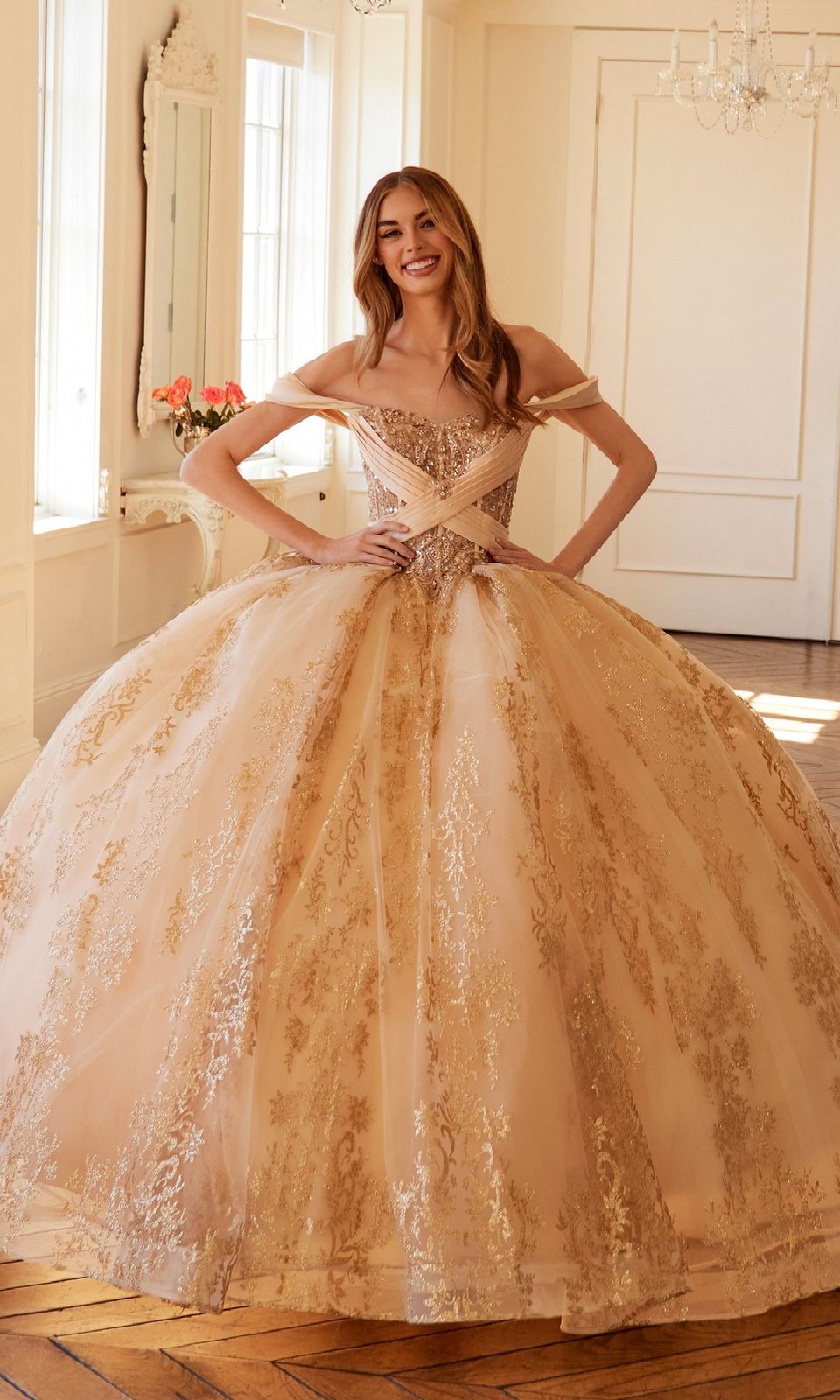 Champagne Ball Gown with Off-the-Shoulder Neckline and Gold Lace — Champagne Quinceanera Dress 2027