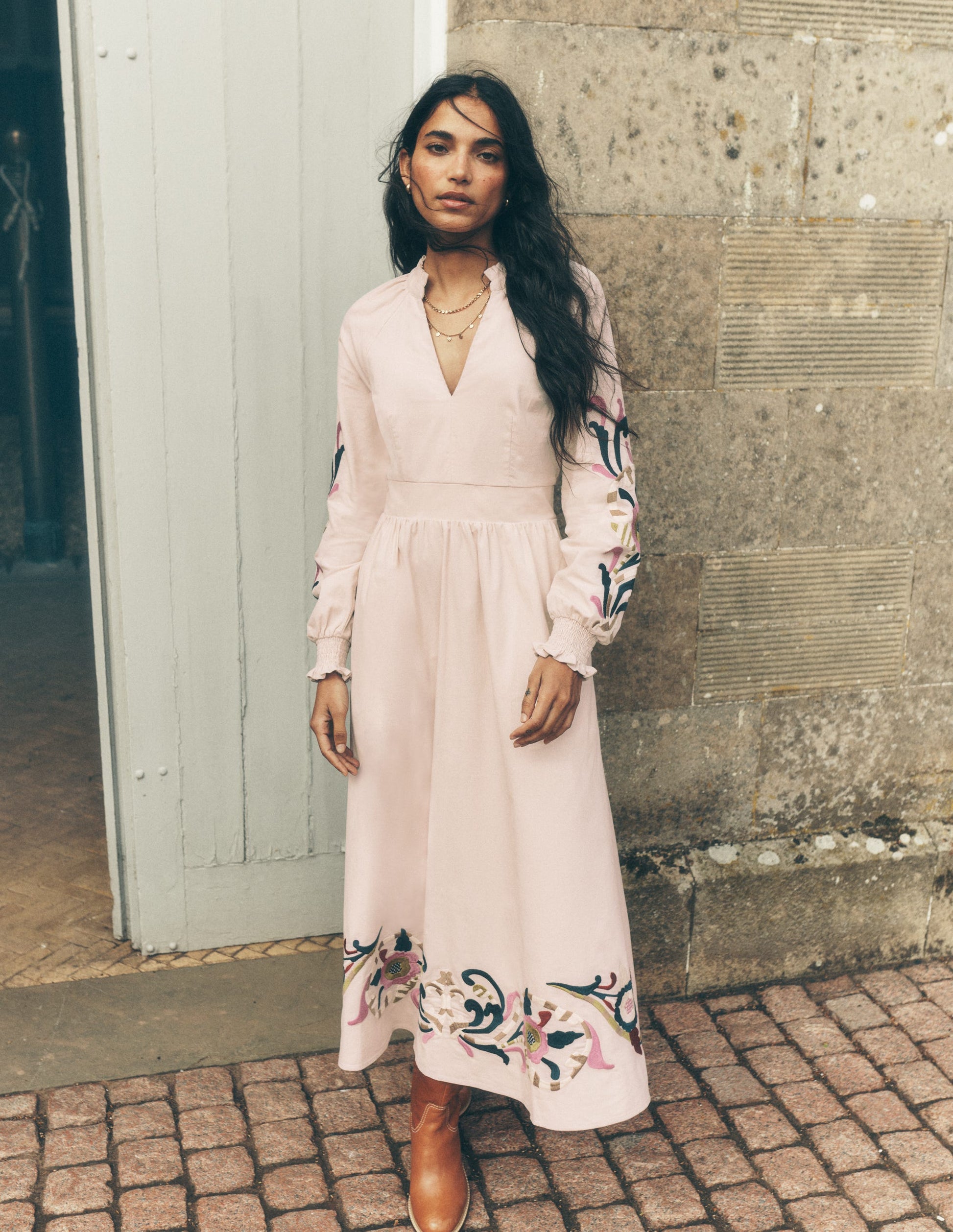 Embroidered Midi Dress with Leather Boots Embroidered Midi Dress with Leather Boots — Gender Reveal Outfits 2027