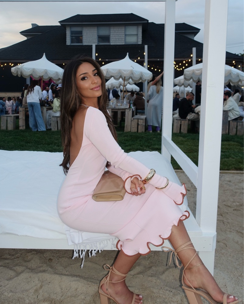 Pale Pink Knit Midi Dress with Brown Trim Ruffle Hem Pale Pink Knit Midi Dress with Brown Trim Ruffle Hem — Ruffle Hem Dress 2027