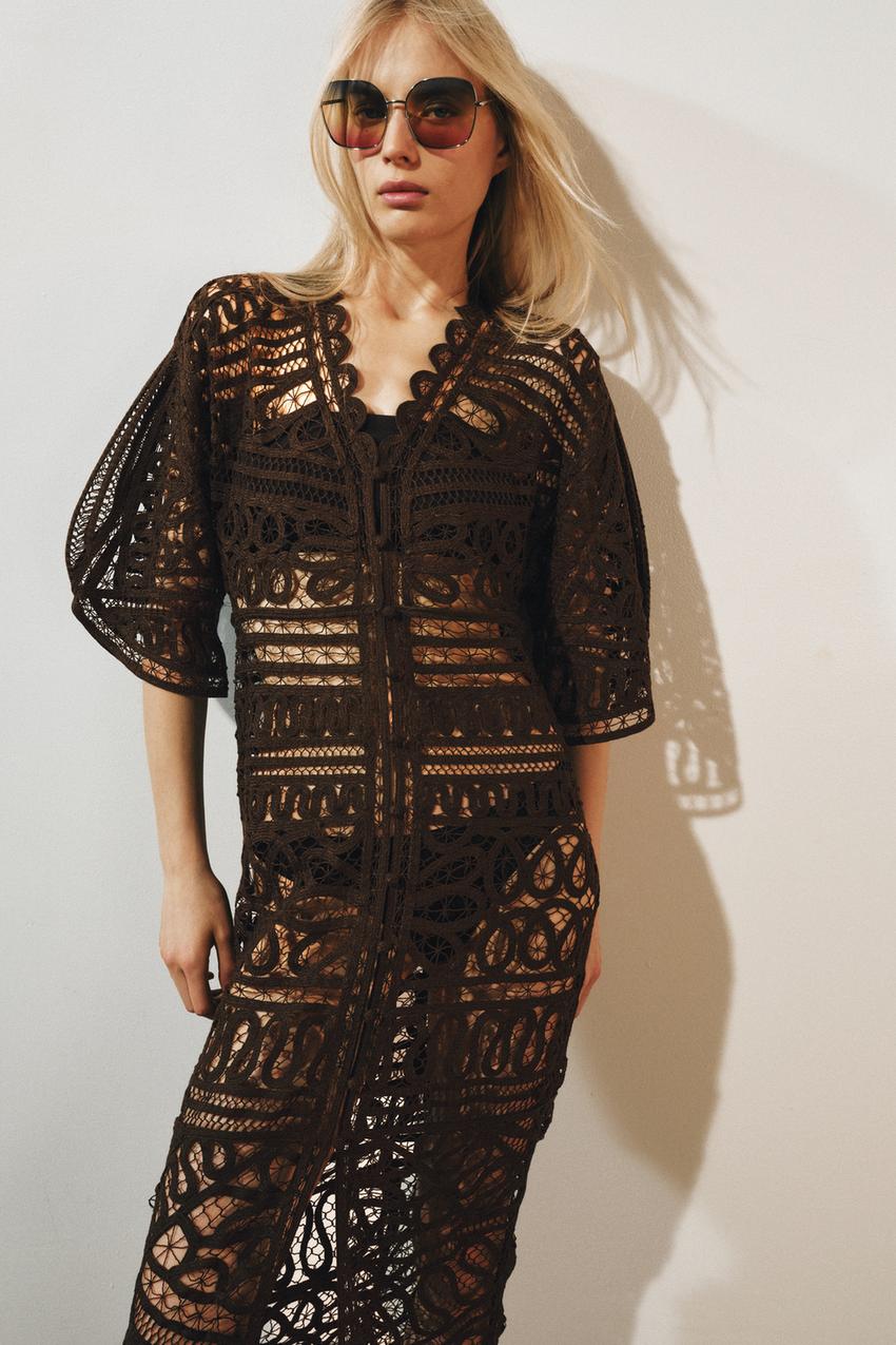 Brown Kimono-Sleeve Button-Down Long Dress Brown Kimono-Sleeve Button-Down Long Dress — Crochet Dresses 2027