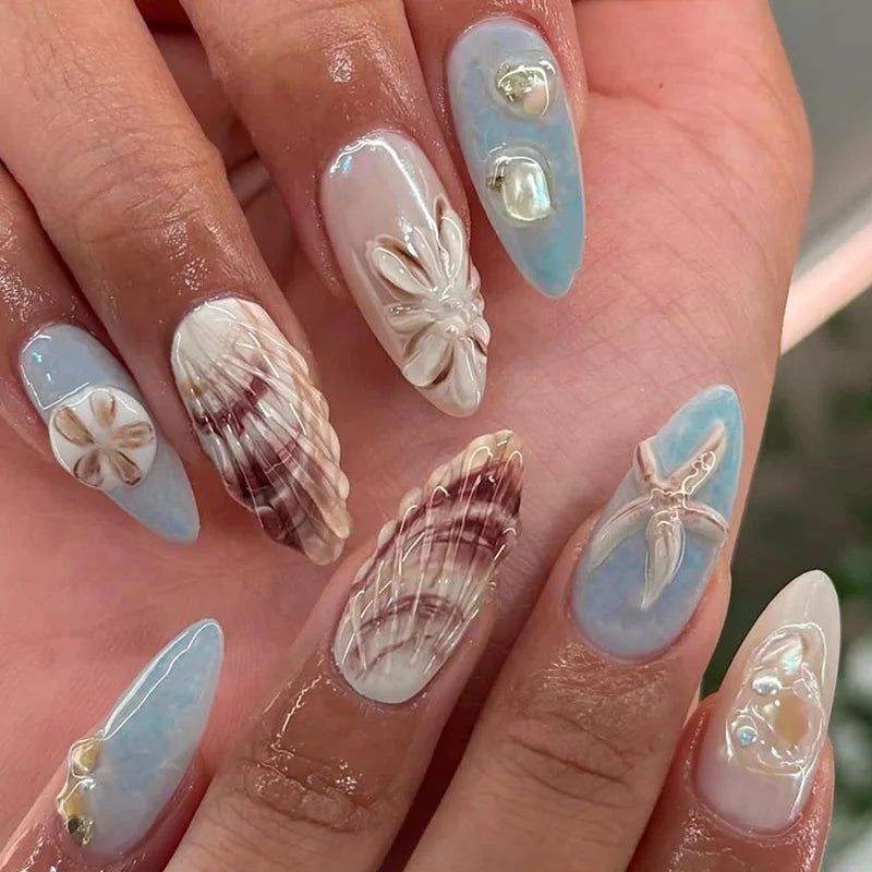 Pale Blue 3D Seashell Almond Nails Pale Blue 3D Seashell Almond Nails — Bahamas Nails 2027