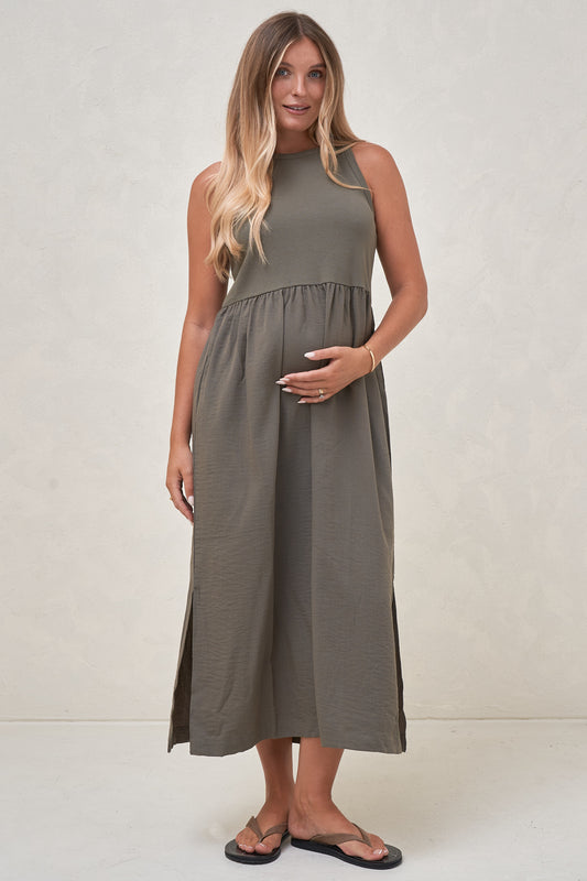Olive Green Smocked Bodice Maternity Midi Dress with Side Slits Olive Green Smocked Bodice Maternity Midi Dress with Side Slits — Maternity Dresses 2027
