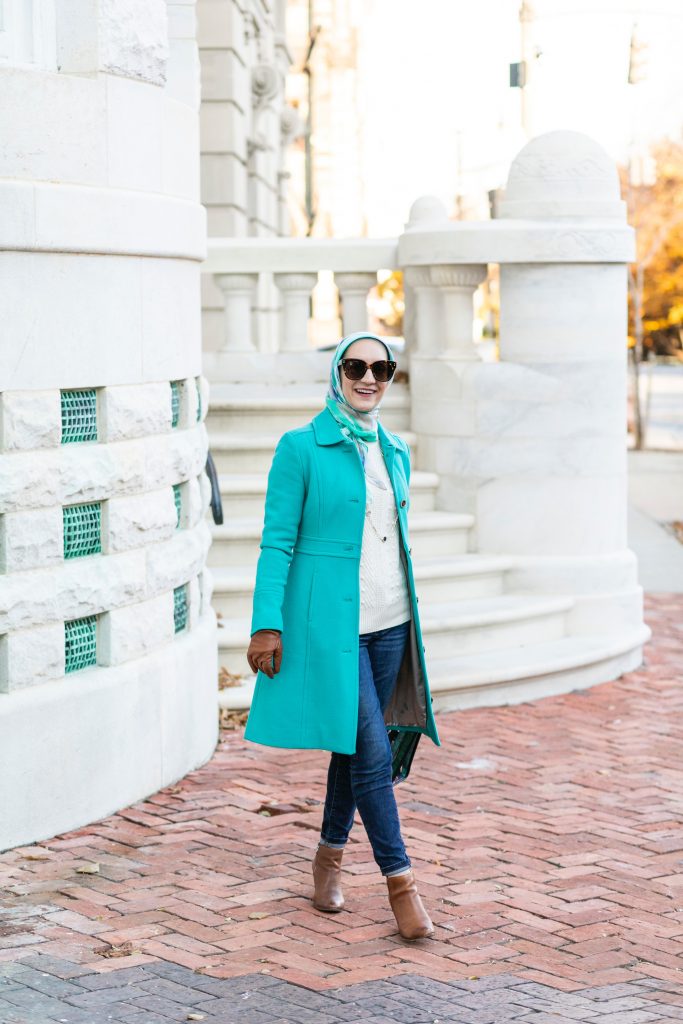Teal Wool-Blend Coat Over Cable Knit Sweater Teal Wool-Blend Coat Over Cable Knit Sweater — Winter Colorful Outfits 2027