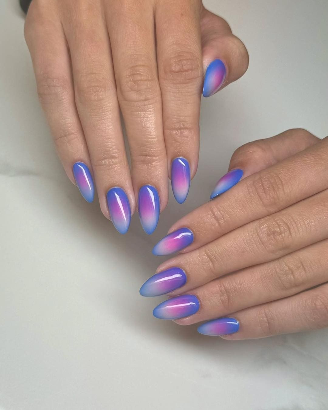 Soft Blue Pink White Gradient Almond Soft Blue Pink White Gradient Almond — Airbrush Nails 2027