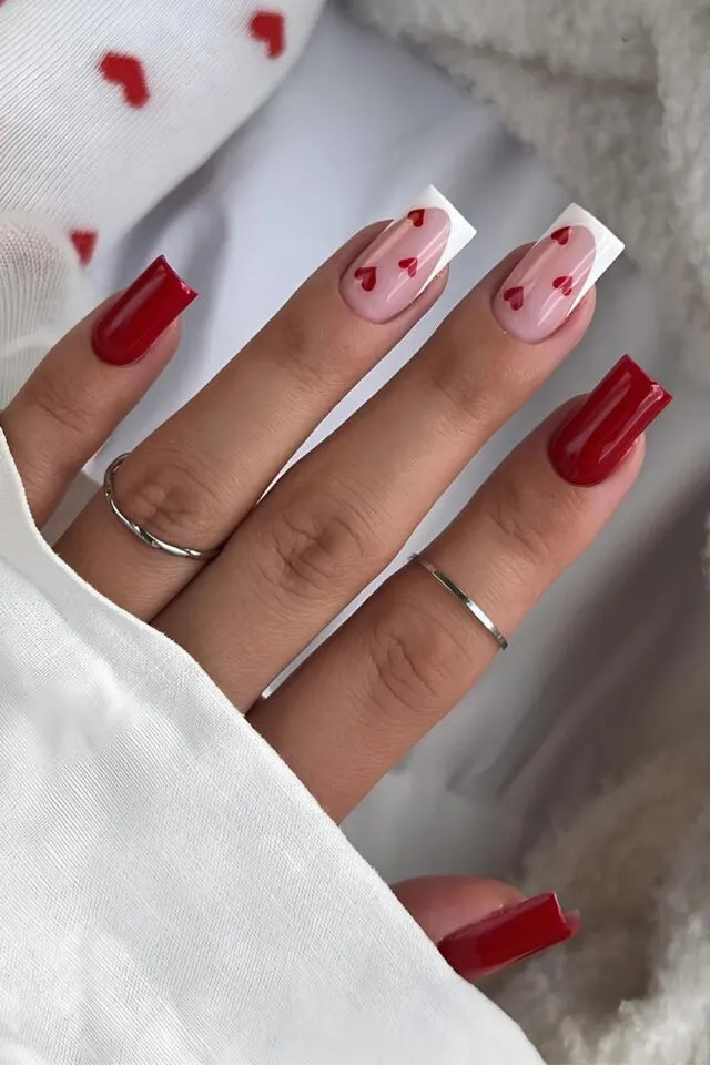 Glossy Short Pink White French Red Heart Coffin Nails Glossy Short Pink White French Red Heart Coffin Nails — Short Heart Coffin Nails 2027