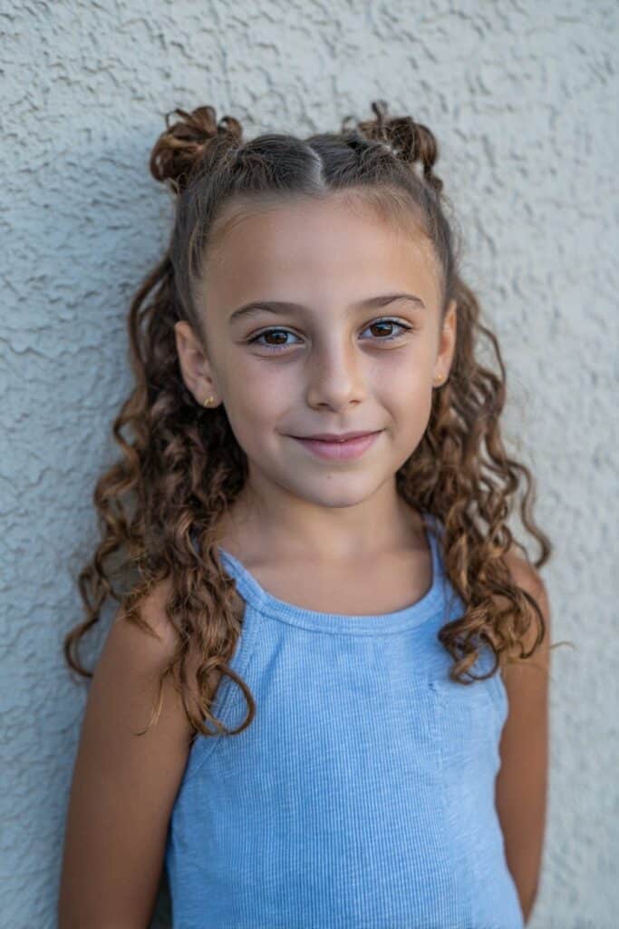 Brown Curly Hair With Two Top Knots Brown Curly Hair With Two Top Knots — Little Girl Hairstyles 2027