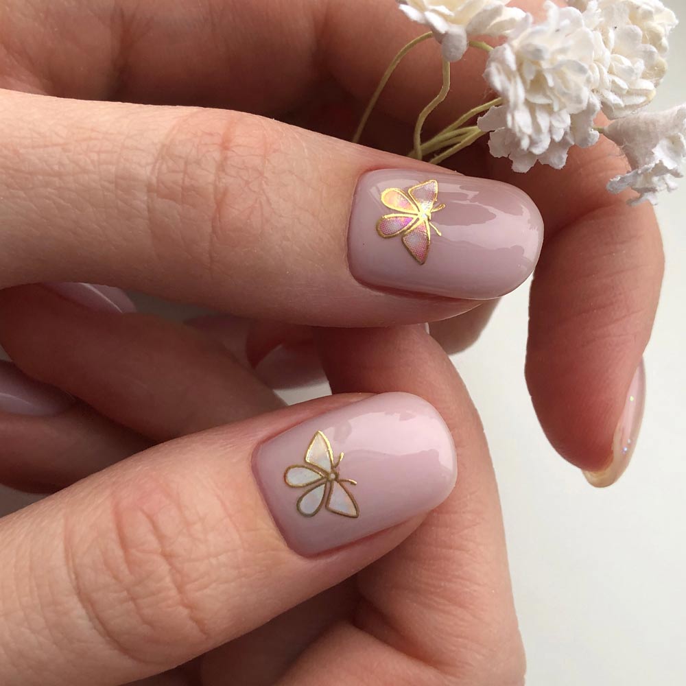 Pale Pink Gold Butterfly Decals Pale Pink Gold Butterfly Decals — Short Butterfly Round Nails 2027