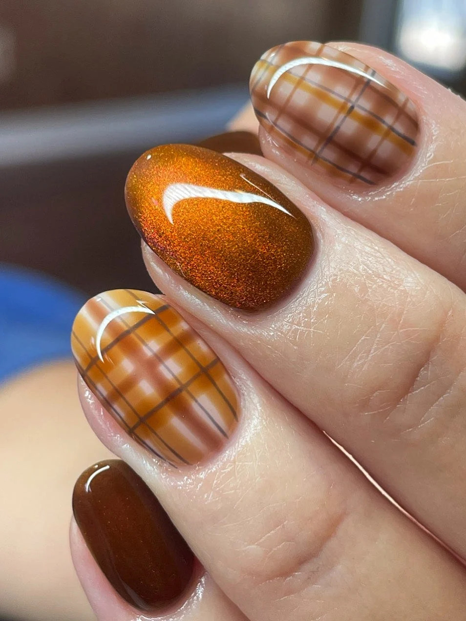 Plaid and Copper Cat Eye Medium Ovals Plaid and Copper Cat Eye Medium Ovals — Date Night Nails 2027