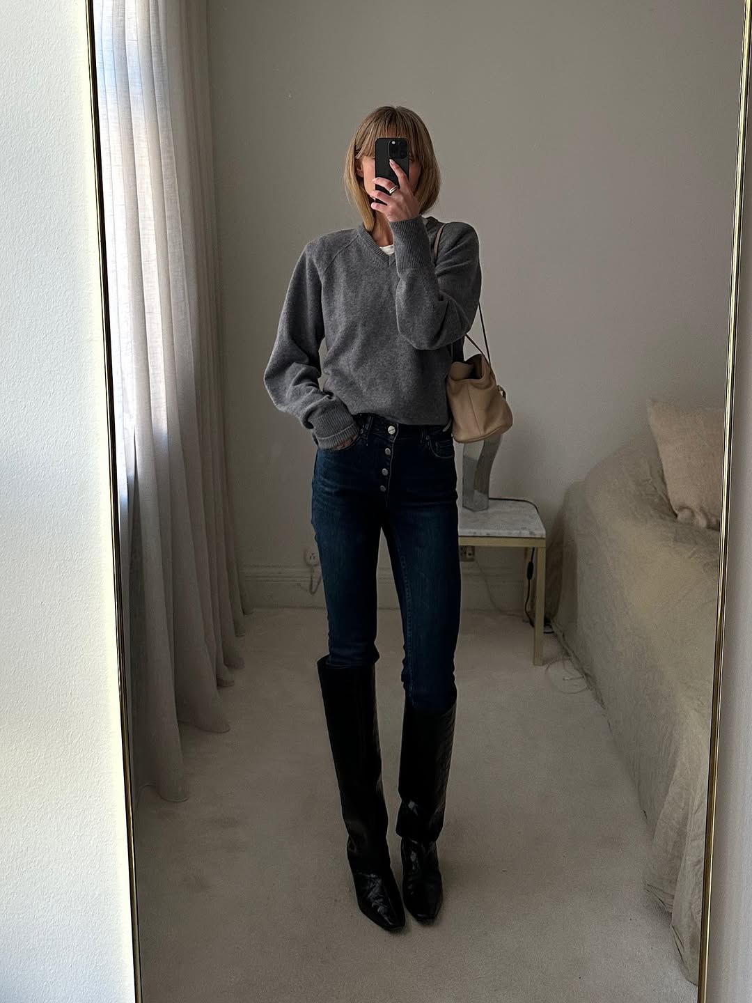 Grey V-Neck Sweater And Knee-High Boots Grey V-Neck Sweater And Knee-High Boots — Winter Dinner Outfits 2027