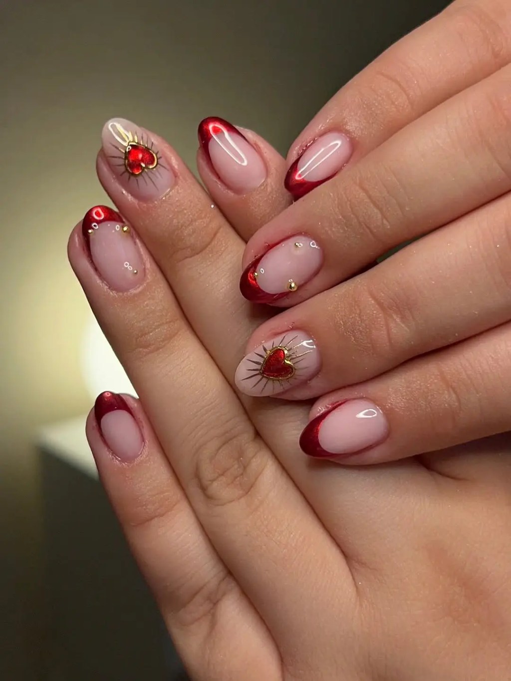 Nude Base Red French with Gold Heart Nude Base Red French with Gold Heart — Pink and Red Nails 2027