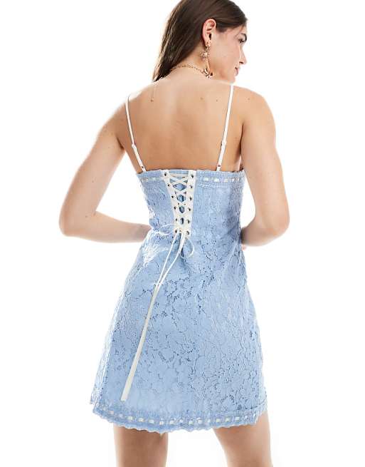 Blue Lace Mini Dress with Exposed Bra Detail and Lace-Up Back Blue Lace Mini Dress with Exposed Bra Detail and Lace-Up Back — Bows and Lace Outfits 2027