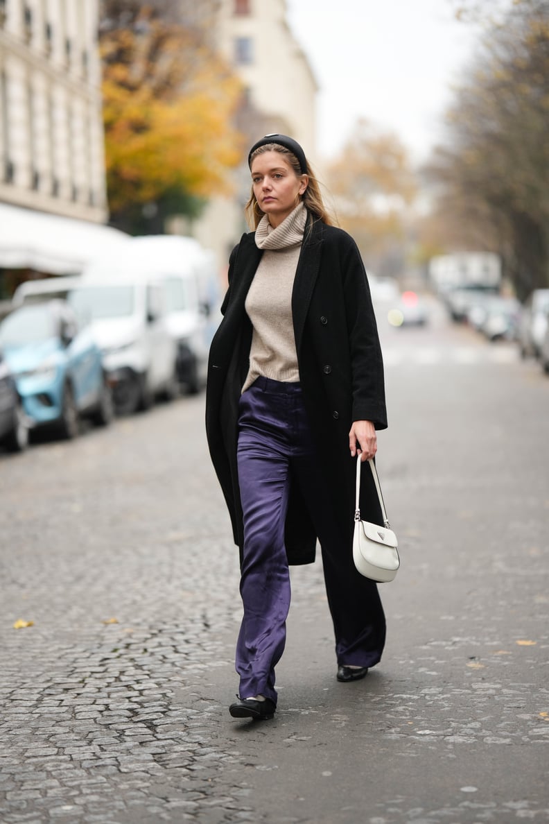 Purple Satin Trousers with Black Double-Breasted Coat Purple Satin Trousers with Black Double-Breasted Coat — Winter Office Outfits 2027