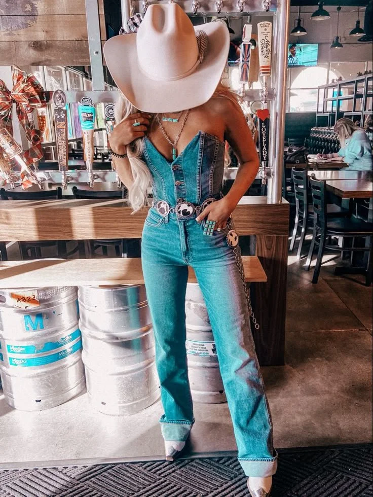 Denim Jumpsuit with Turquoise Necklace and Embellished Belt Denim Jumpsuit with Turquoise Necklace and Embellished Belt — Rodeo Outfits 2027