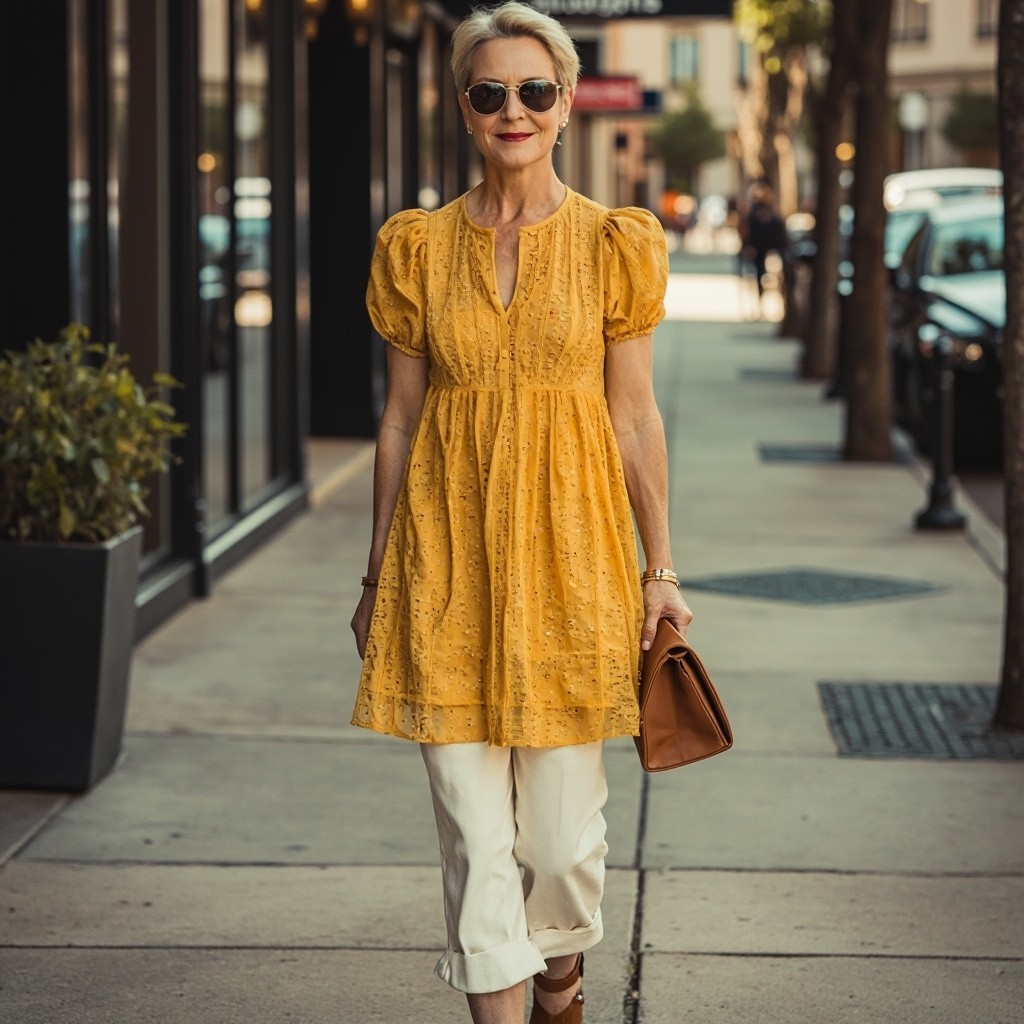 Mustard Yellow Broderie Anglaise Dress Over White Capri Pants — Mustard Outfits 2027