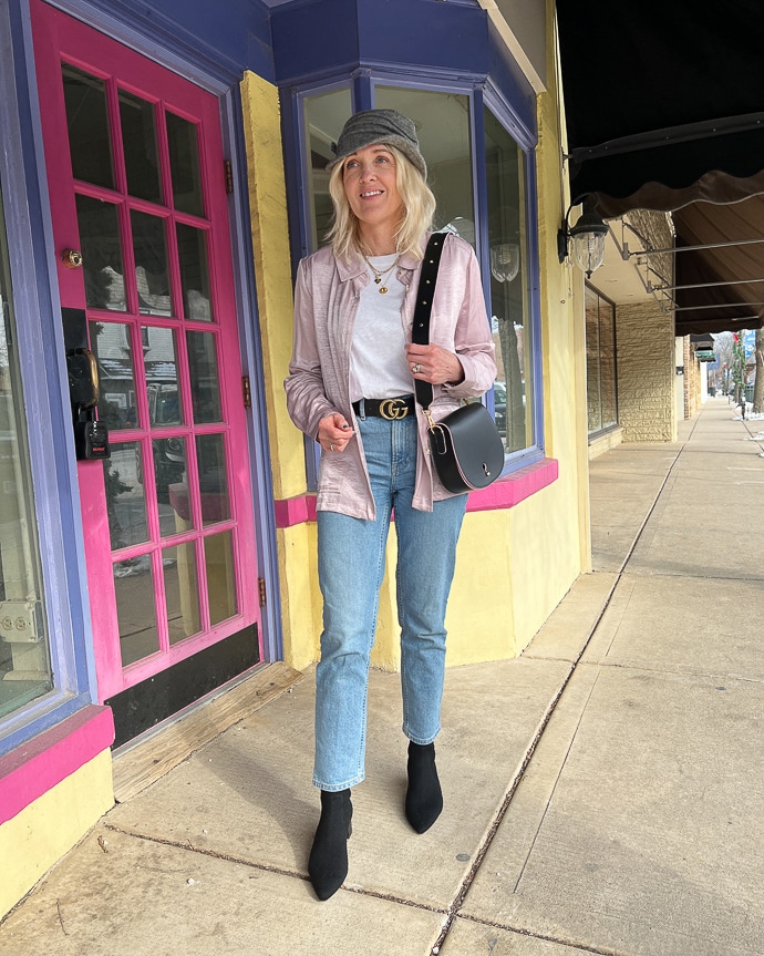 Fashionable Casual: Pink Satin Shacket with Jeans and Bucket Hat — Shacket Outfits 2027