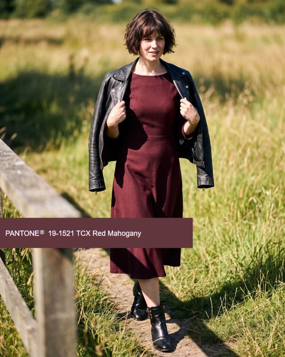 Chic Burgundy Linen Dress with Leather Jacket Accent — Burgundy Outfits 2027