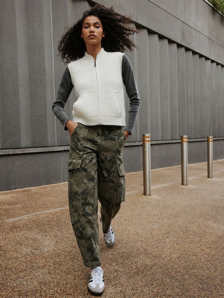 Camouflage Cargos with Knit Vest and Sneakers Camouflage Cargos with Knit Vest and Sneakers — Khaki Cargo Pants Outfits 2027