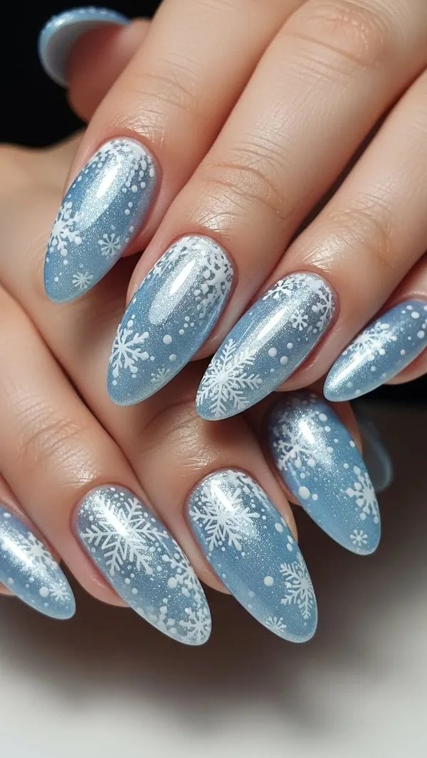 Shimmering Metallic Shimmering Light Blue Snowflake Almonds Shimmering Metallic Shimmering Light Blue Snowflake Almonds — Blue Christmas Nails 2026