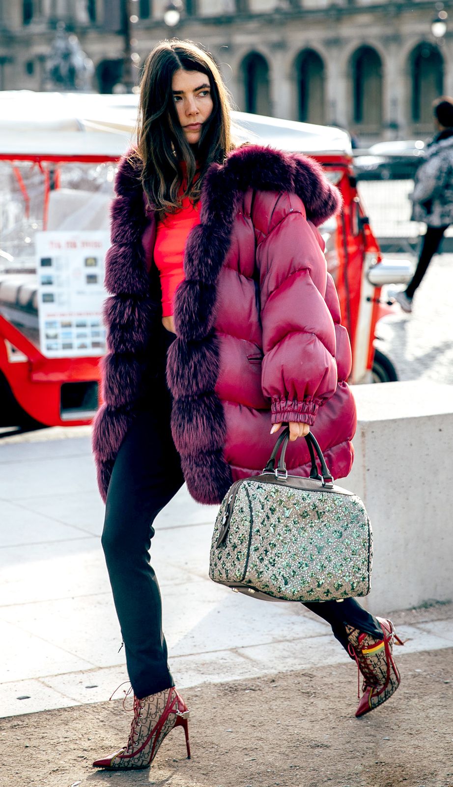 Burgundy Puffer with Neon Orange Top: Bold Winter Layers — Layered Winter Outfits 2027