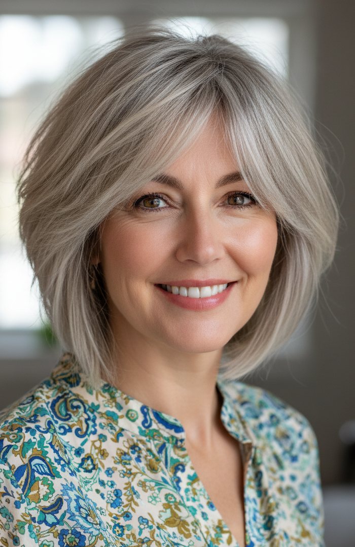 Silver Bob With Side-Swept Bangs Silver Bob With Side-Swept Bangs — Bangs 2027 for Women Over 50
