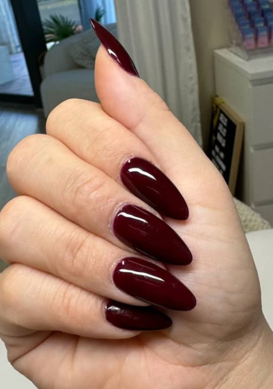 Deep Burgundy High Gloss Almonds Deep Burgundy High Gloss Almonds — Long Almond Nails 2027