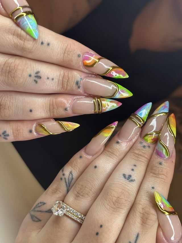 Clear Base with Gold Accents and Art Clear Base with Gold Accents and Art — Neon Stiletto Nails 2027