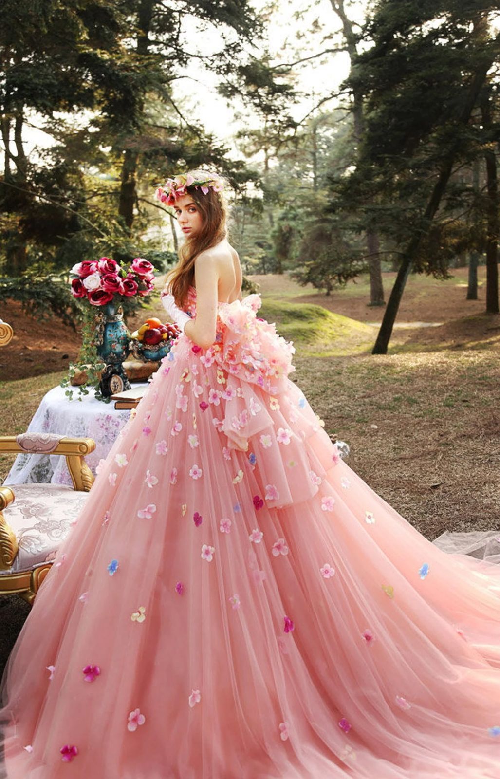 Voluminous Pink Ball Gown with Colorful Appliques — Colored Wedding Dresses 2027