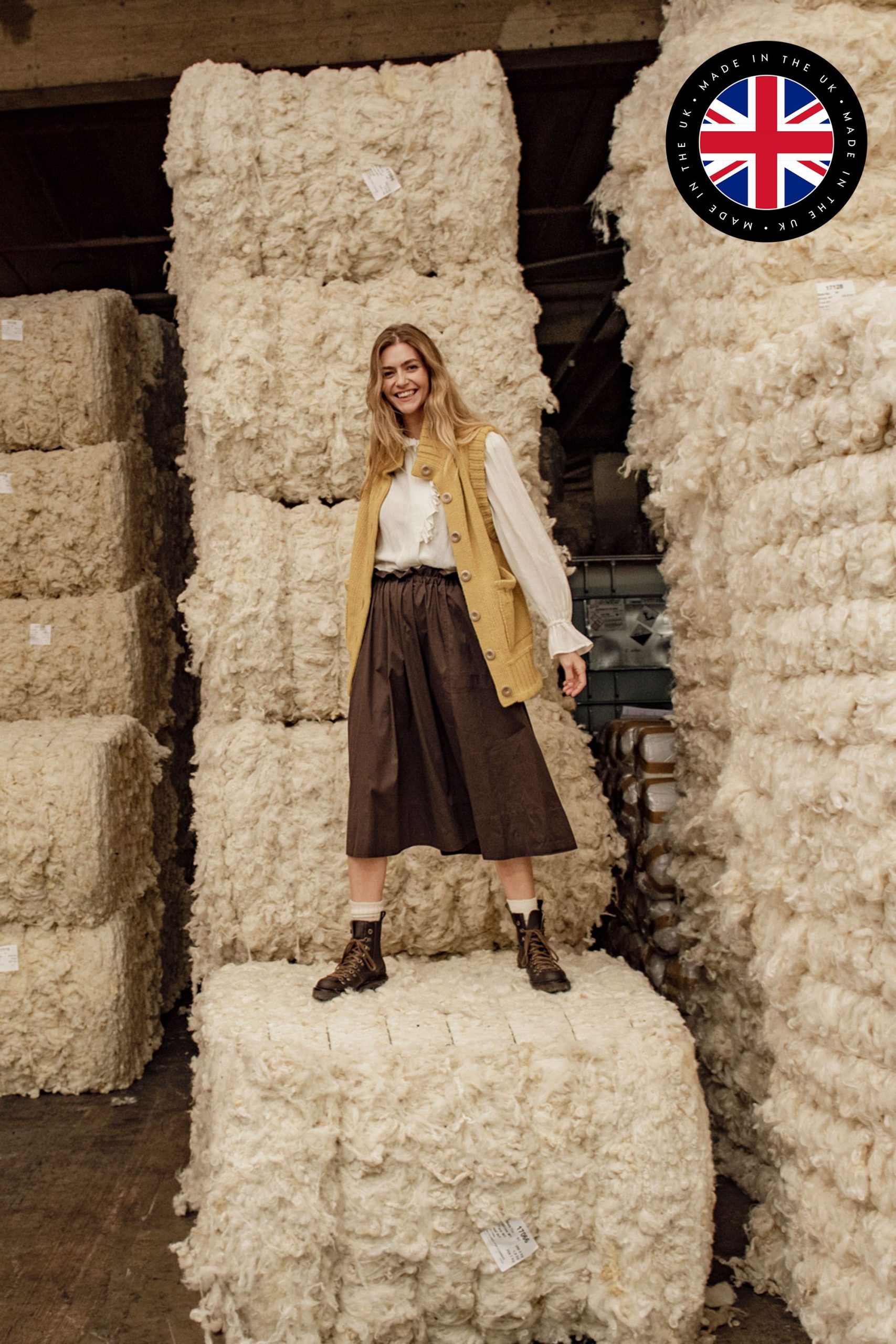 Yellow Knit Vest Over White Blouse and Brown Midi Skirt Yellow Knit Vest Over White Blouse and Brown Midi Skirt — Farm Outfits 2027