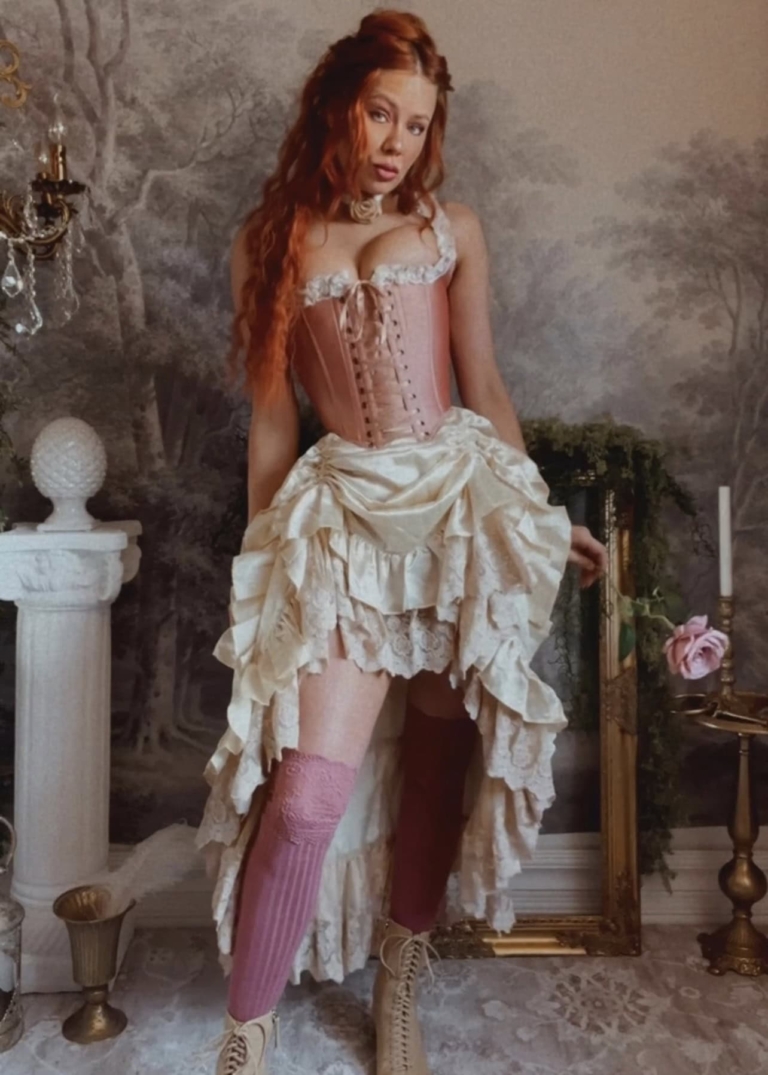 Dramatic Coquette Statement: Pink Corset with Ruffled Skirt and Knee-High Socks Dramatic Coquette Statement: Pink Corset with Ruffled Skirt and Knee-High Socks — Coquette Corset Top Outfits 2027