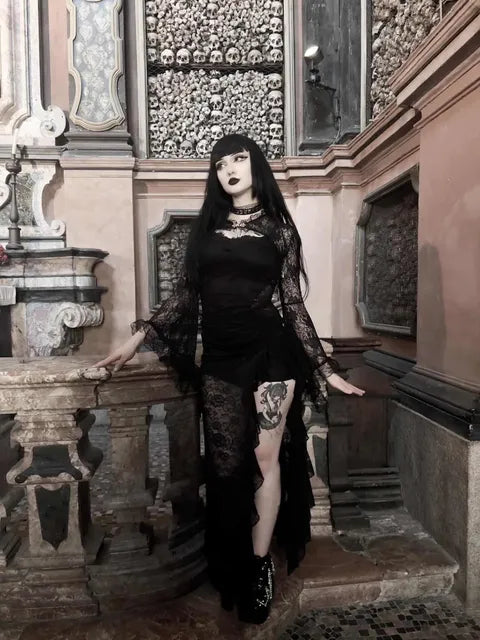 Fitted Lace Dress with Ruffled Hem and Sheer Sleeves Fitted Lace Dress with Ruffled Hem and Sheer Sleeves — Goth Lace Outfits 2027