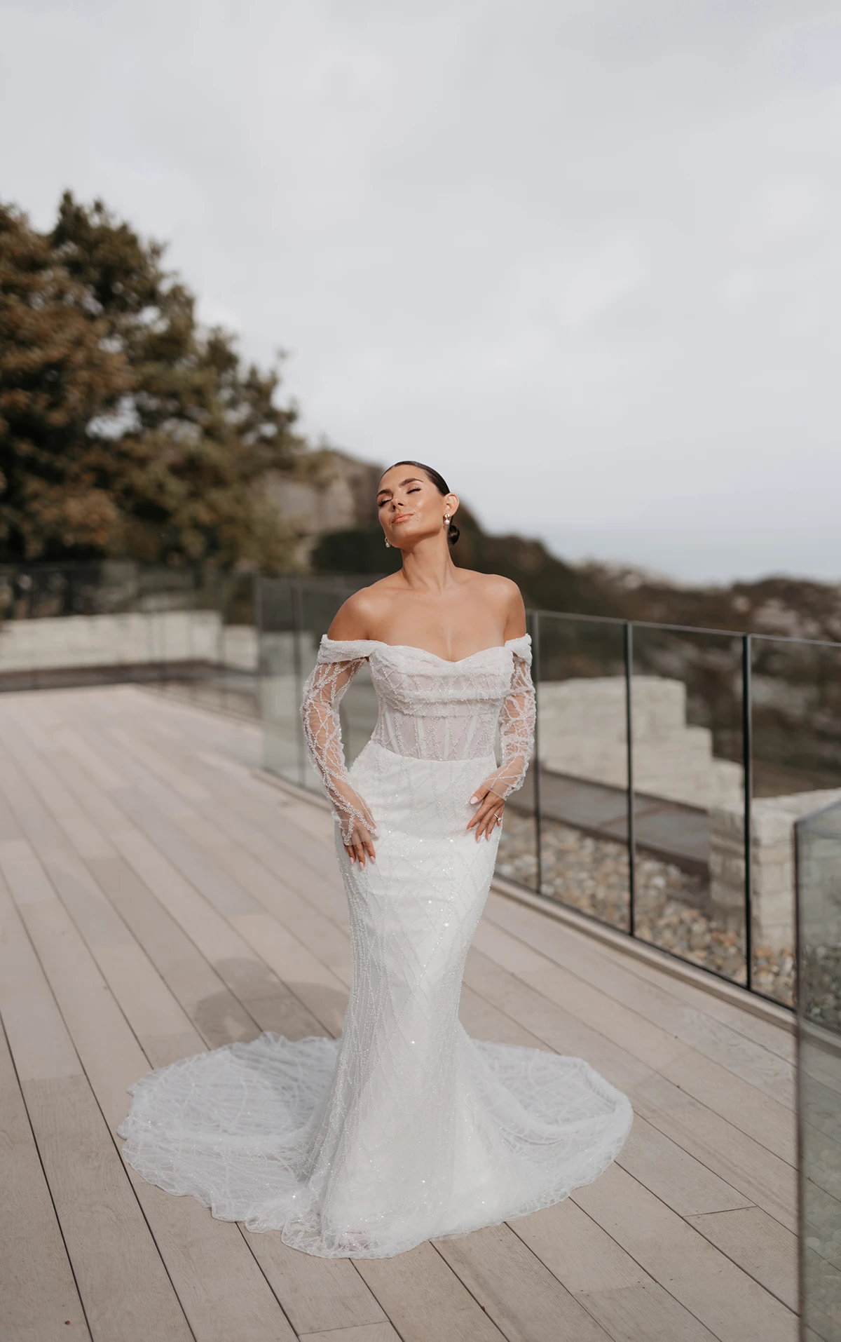 White Off-the-Shoulder Wedding Dress with Beading and Fitted Sleeves White Off-the-Shoulder Wedding Dress with Beading and Fitted Sleeves — Strapless Dresses 2027